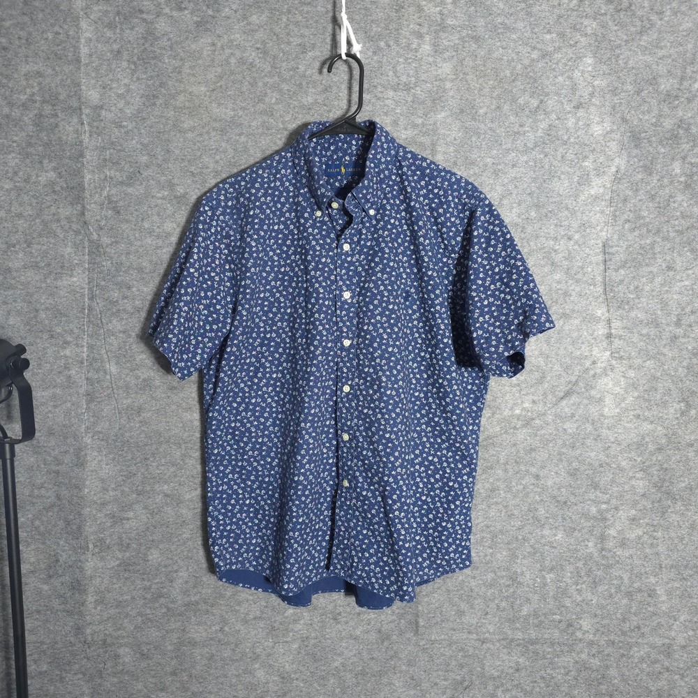 Ralph Lauren Floral Shirt Mens Large Blue Short Sleeve Button Down Cotton Ditsy